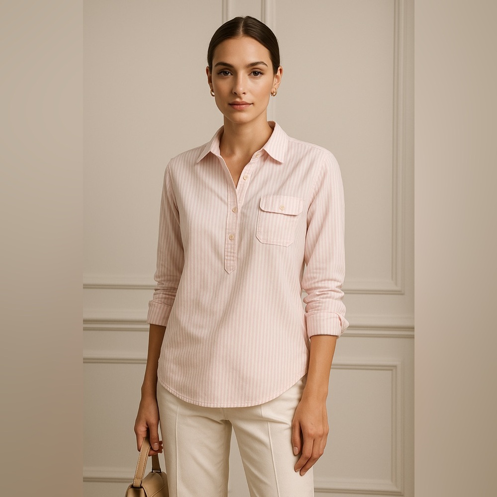 Vineyard Vines Pink White Stripe Cotton Popover Shirt Women’s Quiet Luxury SZ 8